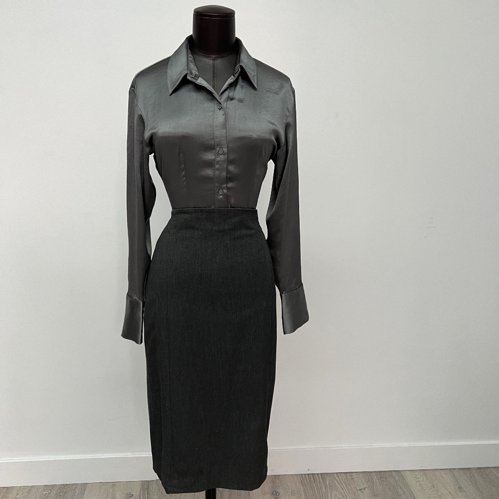 Charcoal Satin Blouse & High-Waisted Pencil Skirt Set | Business Chic Look